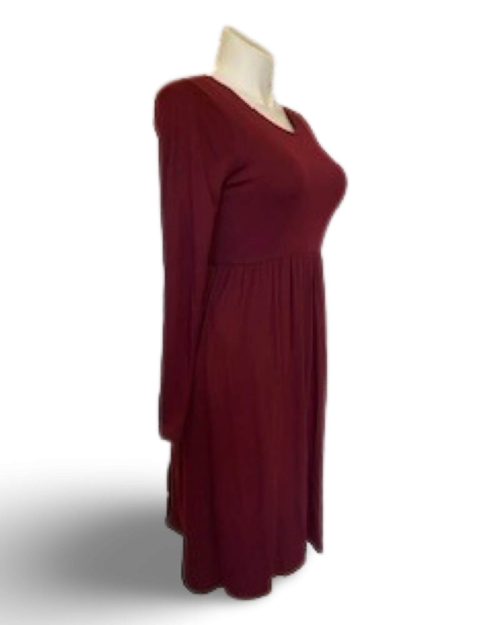 Gathered Waist Pocketed Midi Dress in Burgundy