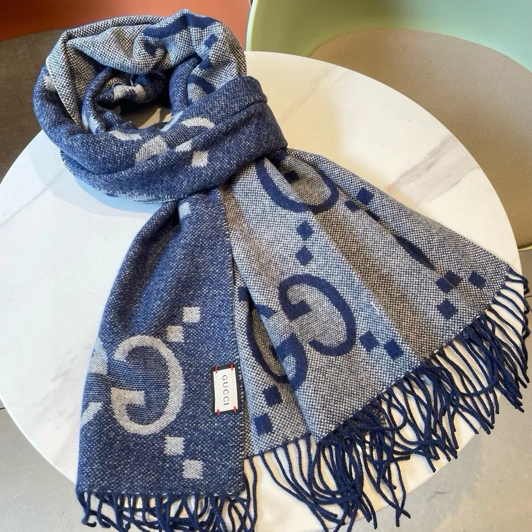 GG JACQUARD PATTERN KNIT SCARF 195 CM WITH TASSELS NAVY BLUE 403747