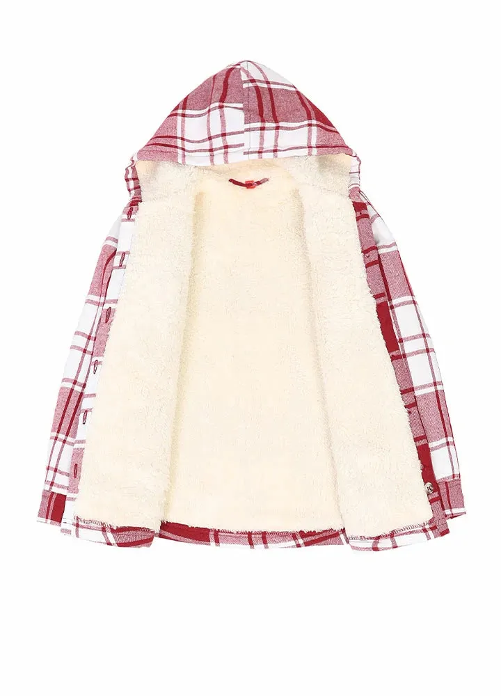 Girls Hooded Plaid Flannel Shirt Jacket,Sherpa Lined