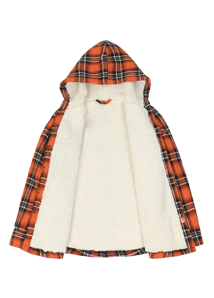 Girls Hooded Plaid Flannel Shirt Jacket,Sherpa Lined