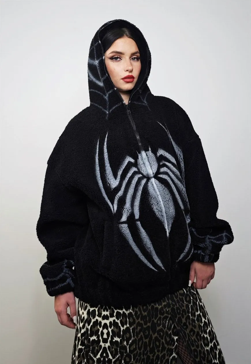 Gothic fleece jacket spider graffiti fluffy bomber punk coat