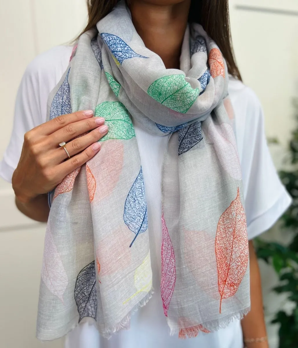 Grey Multi Leaf Print Scarf