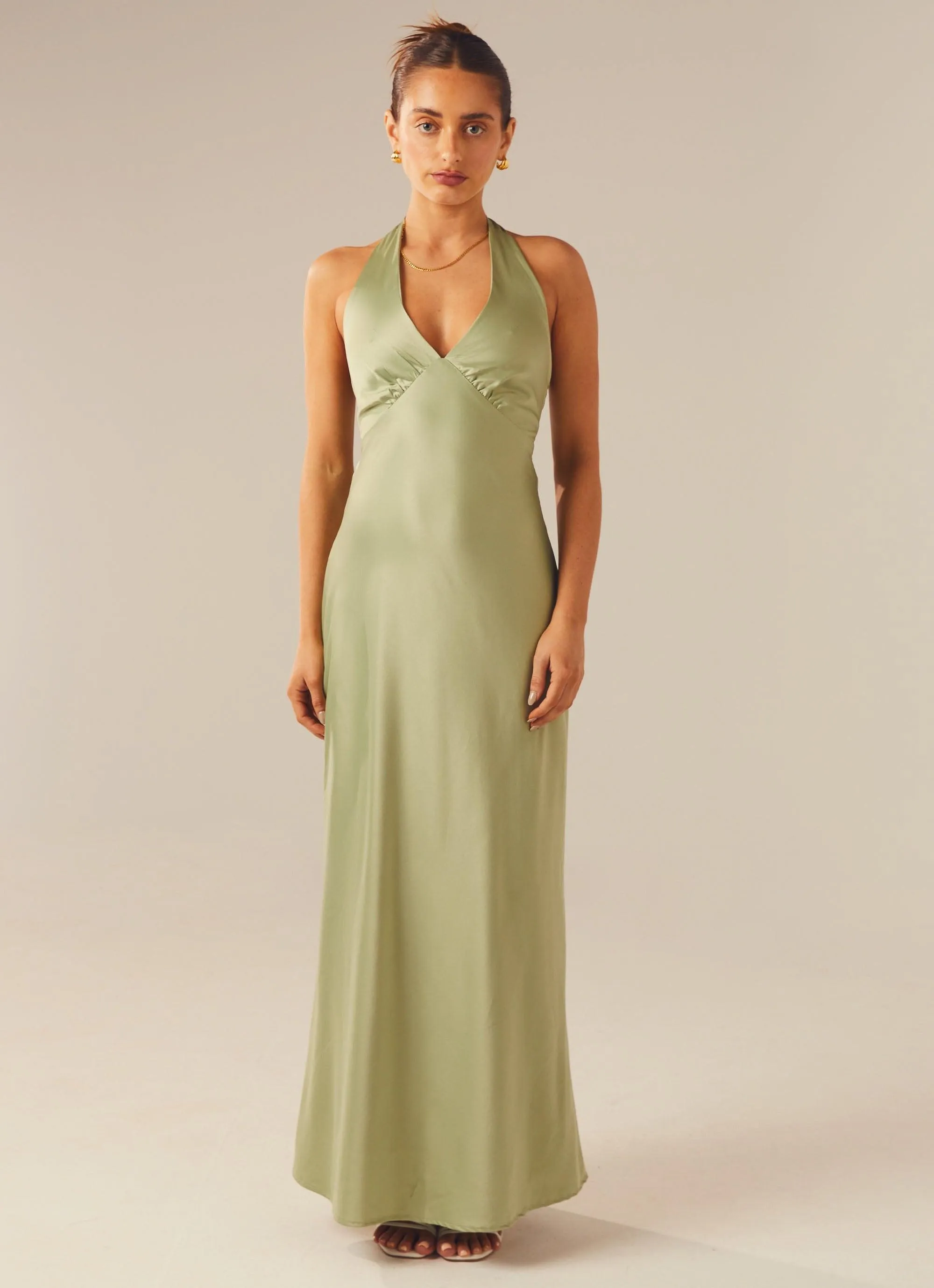 Heavy Hearted Satin Maxi Dress - Sage