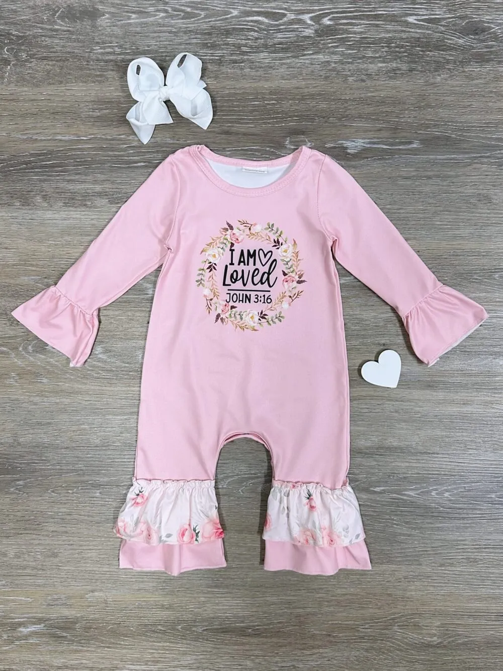 I Am Loved John 3:16 Girls Ruffle Trim Pink Baby Romper