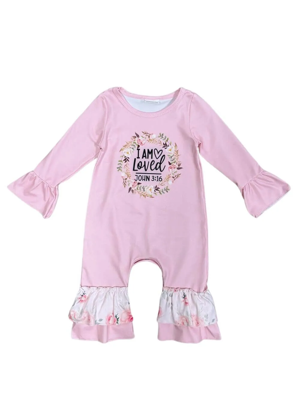 I Am Loved John 3:16 Girls Ruffle Trim Pink Baby Romper