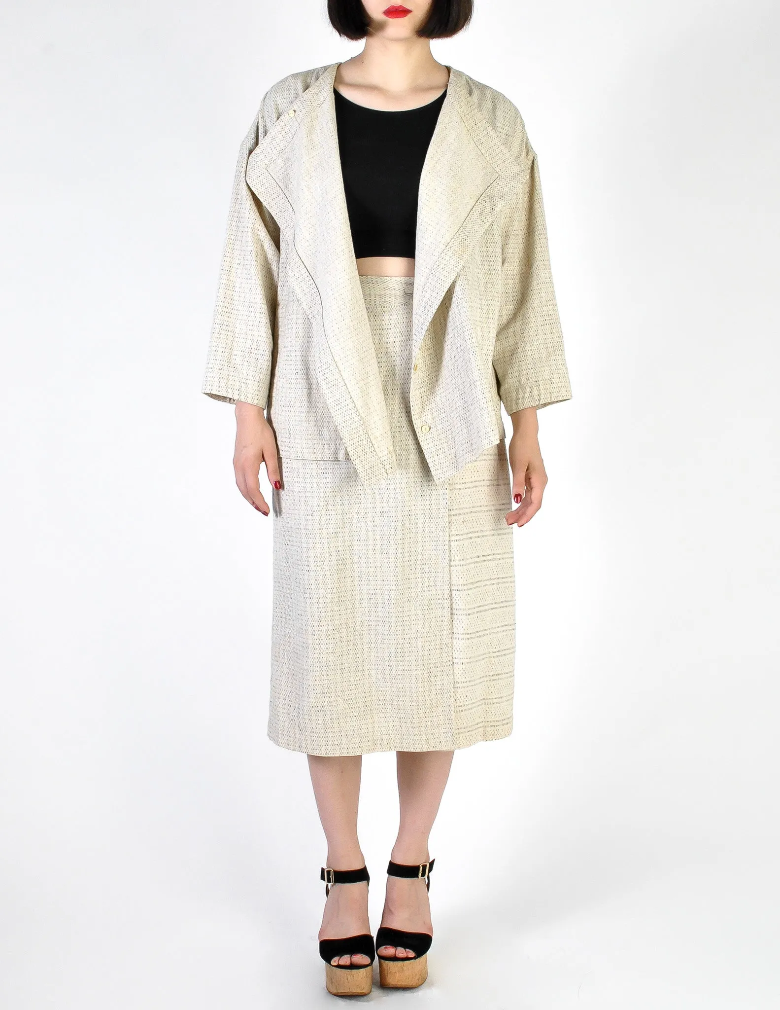 Issey Miyake Vintage Natural Cream & Black Fleck Woven Jacket & Skirt Ensemble