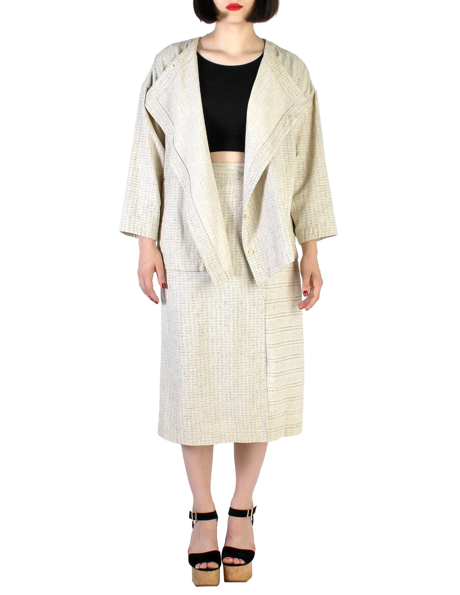 Issey Miyake Vintage Natural Cream & Black Fleck Woven Jacket & Skirt Ensemble