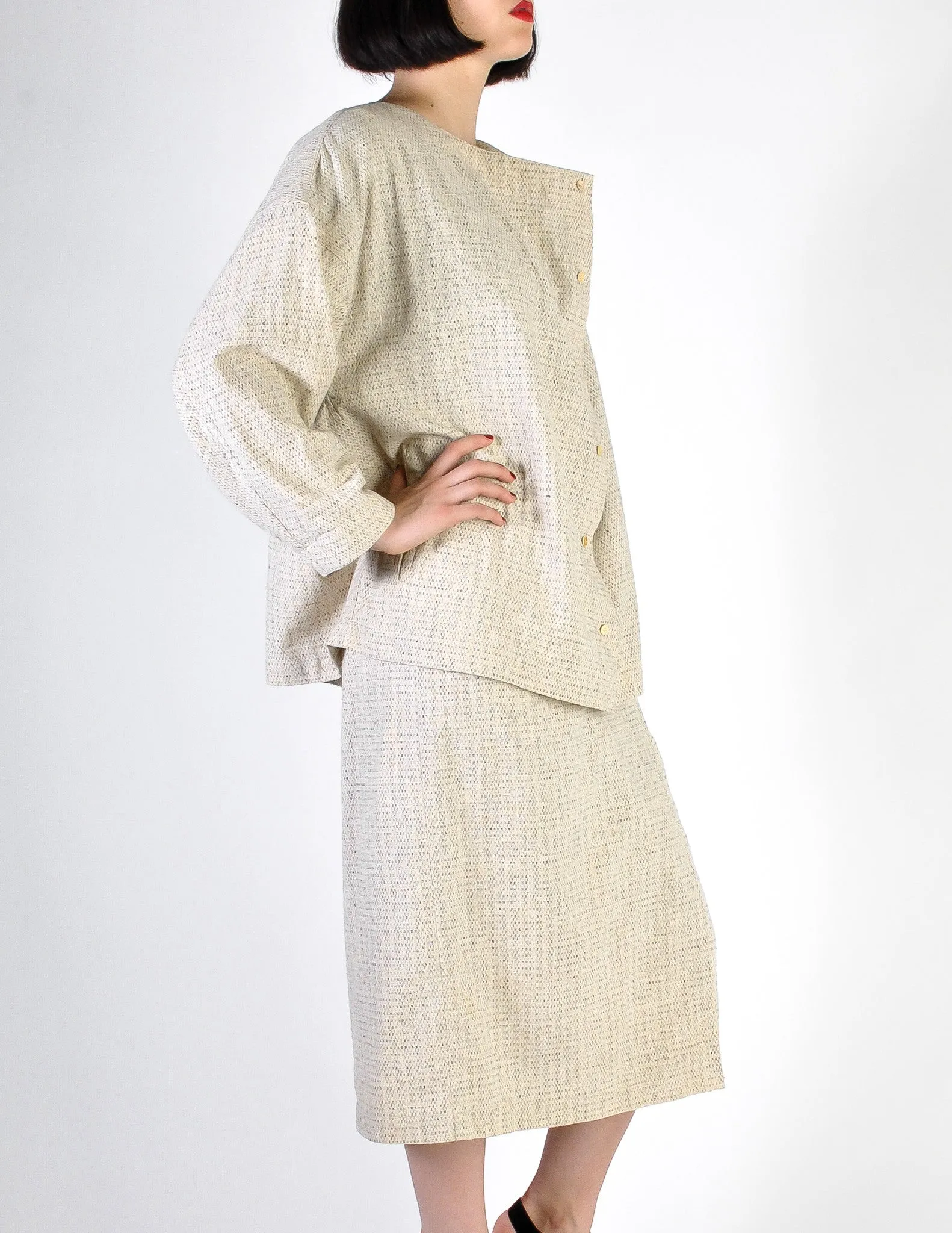 Issey Miyake Vintage Natural Cream & Black Fleck Woven Jacket & Skirt Ensemble