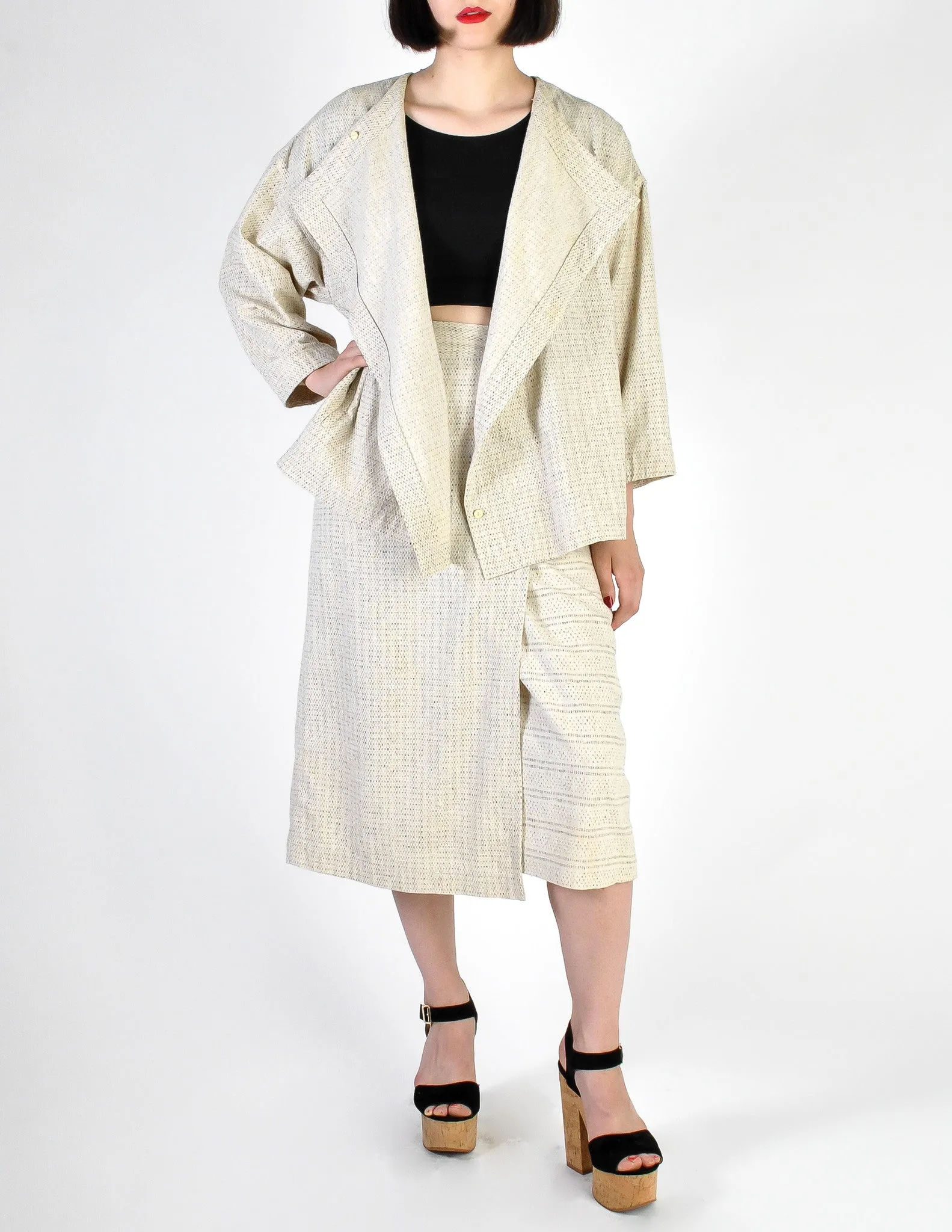 Issey Miyake Vintage Natural Cream & Black Fleck Woven Jacket & Skirt Ensemble