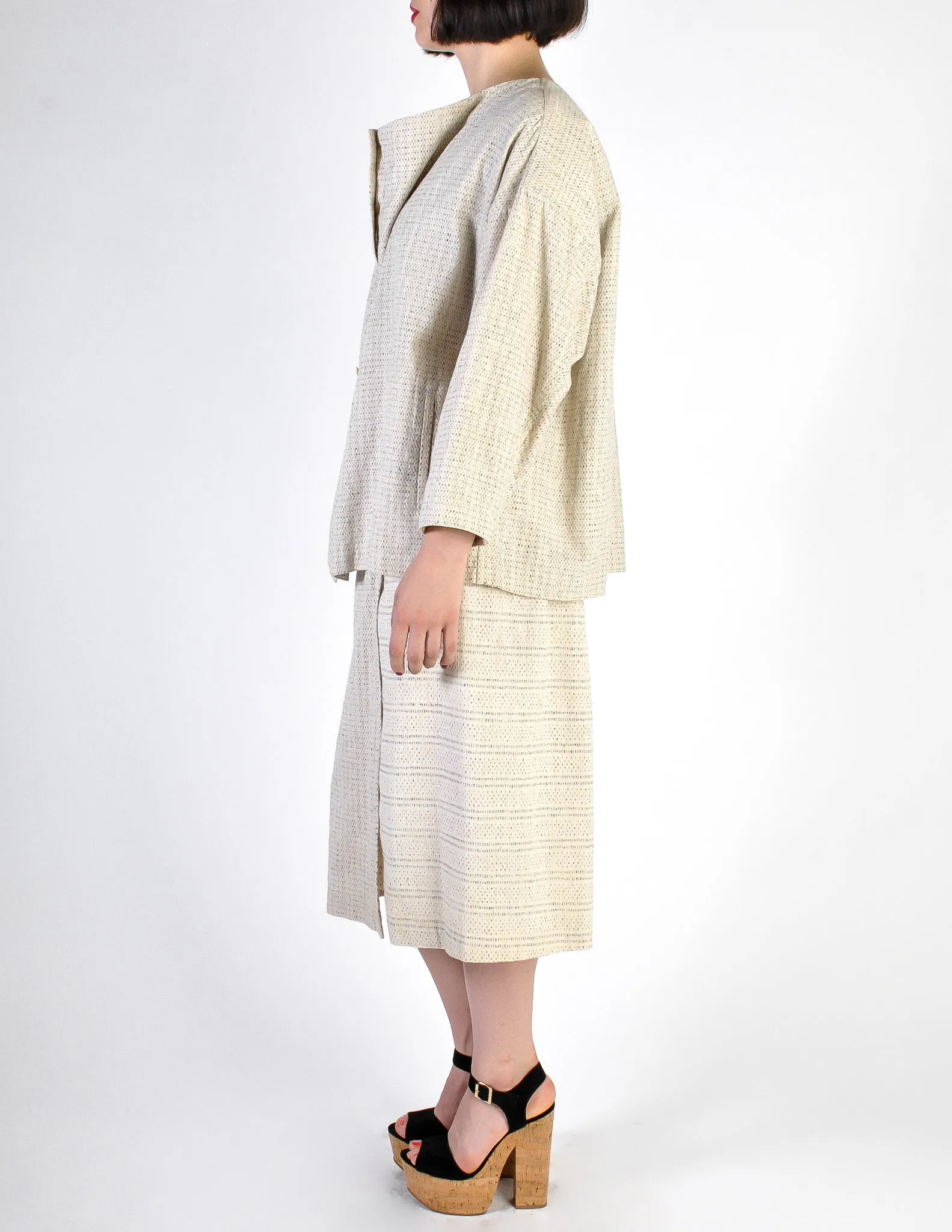 Issey Miyake Vintage Natural Cream & Black Fleck Woven Jacket & Skirt Ensemble