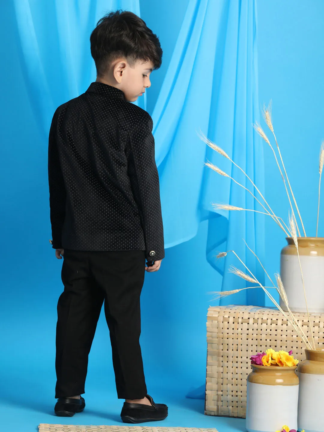 Jashvi Boy's Black Polka Dot Printed Jodhpuri