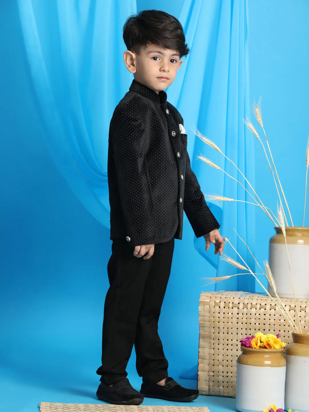 Jashvi Boy's Black Polka Dot Printed Jodhpuri