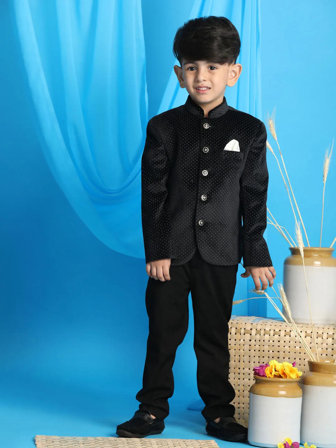 Jashvi Boy's Black Polka Dot Printed Jodhpuri