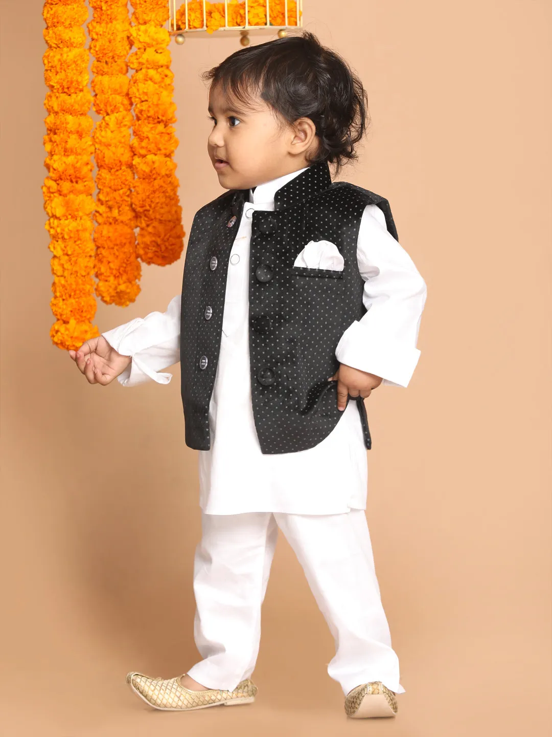 Jashvi Boy's Black Polka Dot Printed Slim-Fit Nehru Jacket