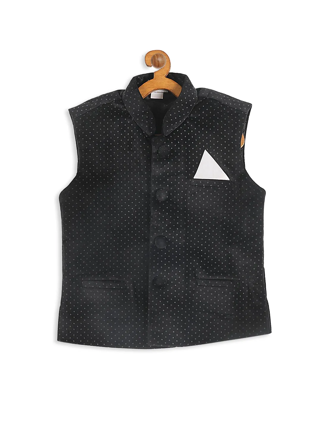 Jashvi Boy's Black Polka Dot Printed Slim-Fit Nehru Jacket