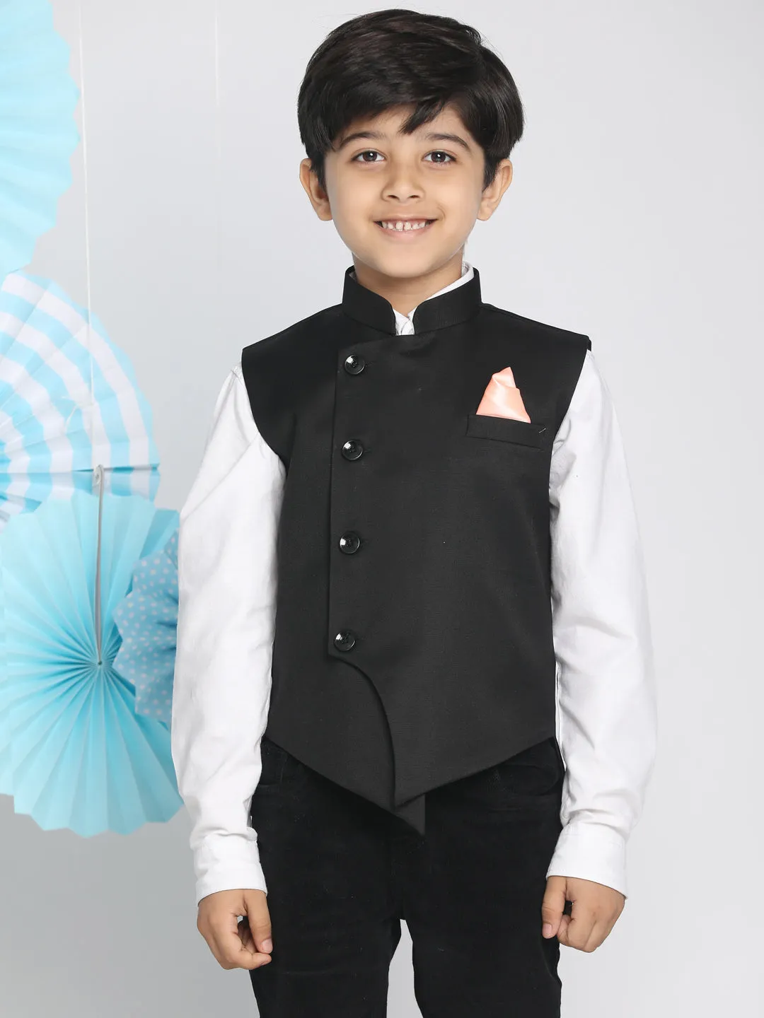 Jashvi Boys Black Solid Satin Nehru Jacket