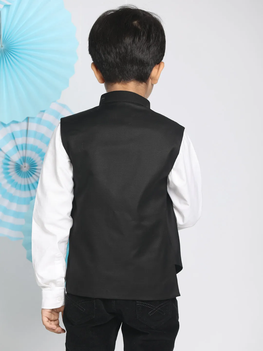 Jashvi Boys Black Solid Satin Nehru Jacket