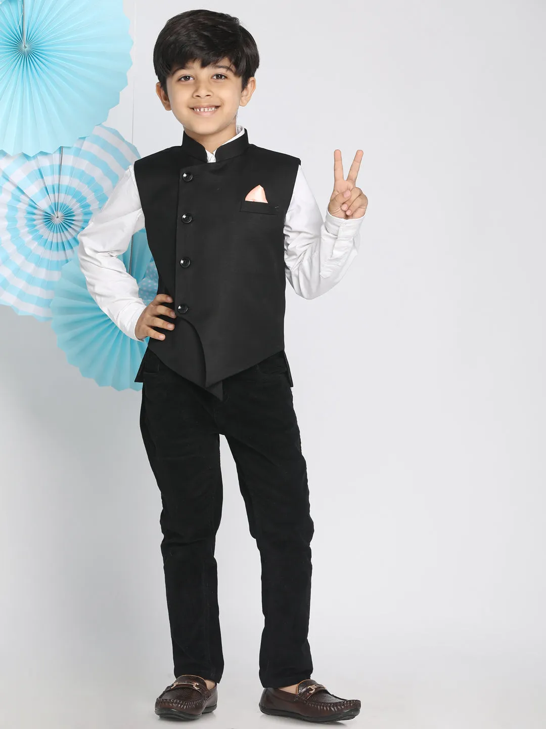 Jashvi Boys Black Solid Satin Nehru Jacket