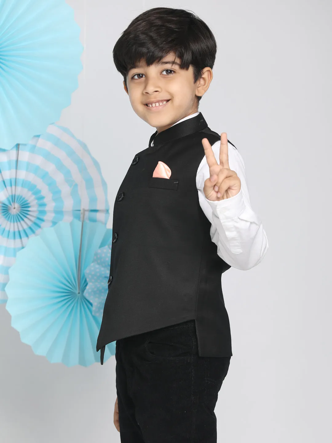 Jashvi Boys Black Solid Satin Nehru Jacket