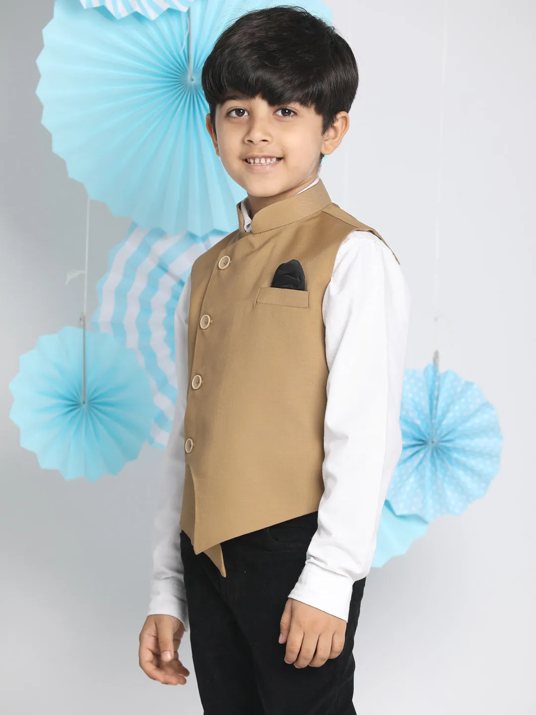 Jashvi Boys Brown Solid Slim-Fit Satin Nehru Jacket