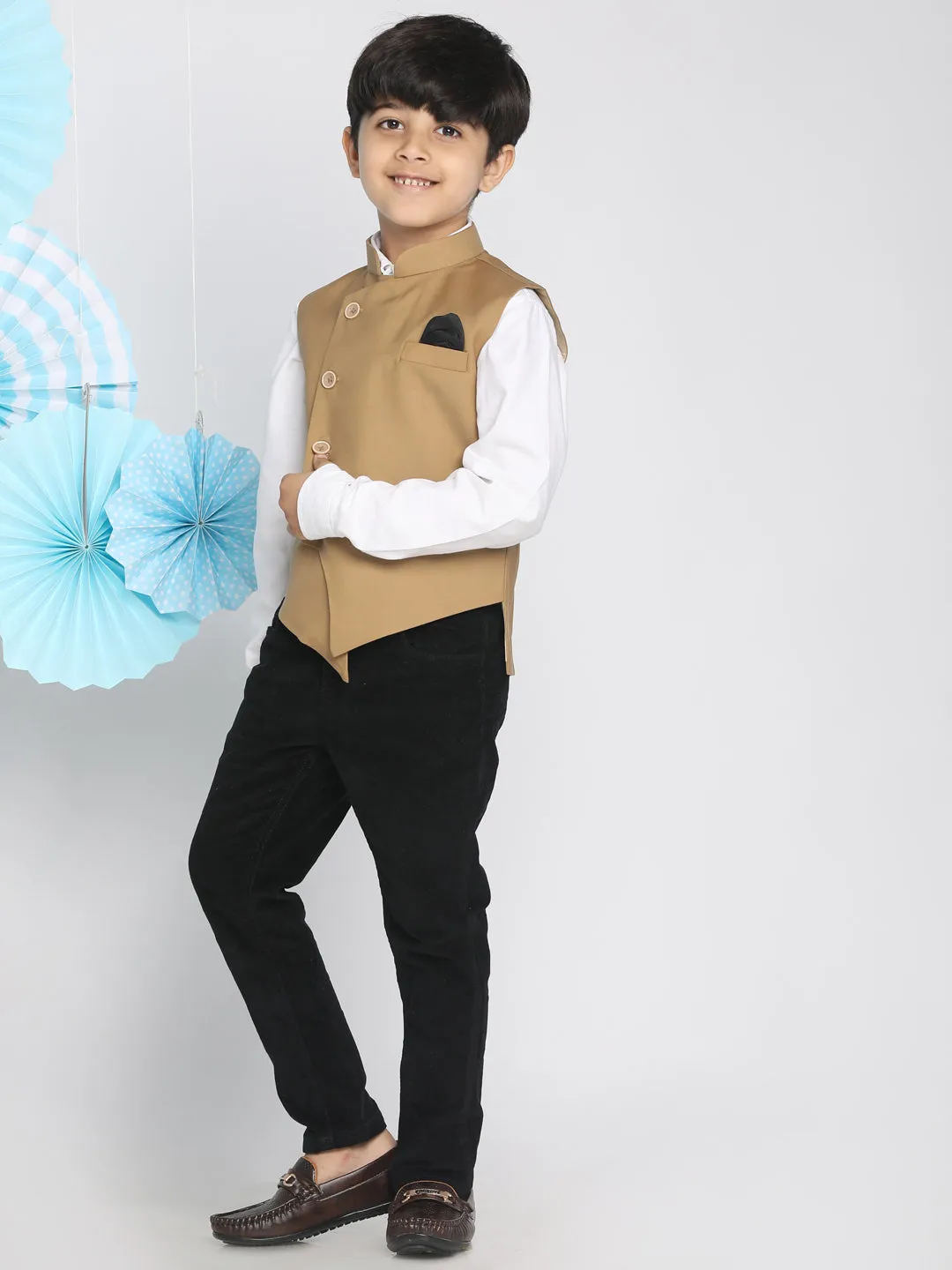 Jashvi Boys Brown Solid Slim-Fit Satin Nehru Jacket