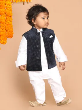 Jashvi Boys Navy Blue & White Printed Velvet Nehru Jacket