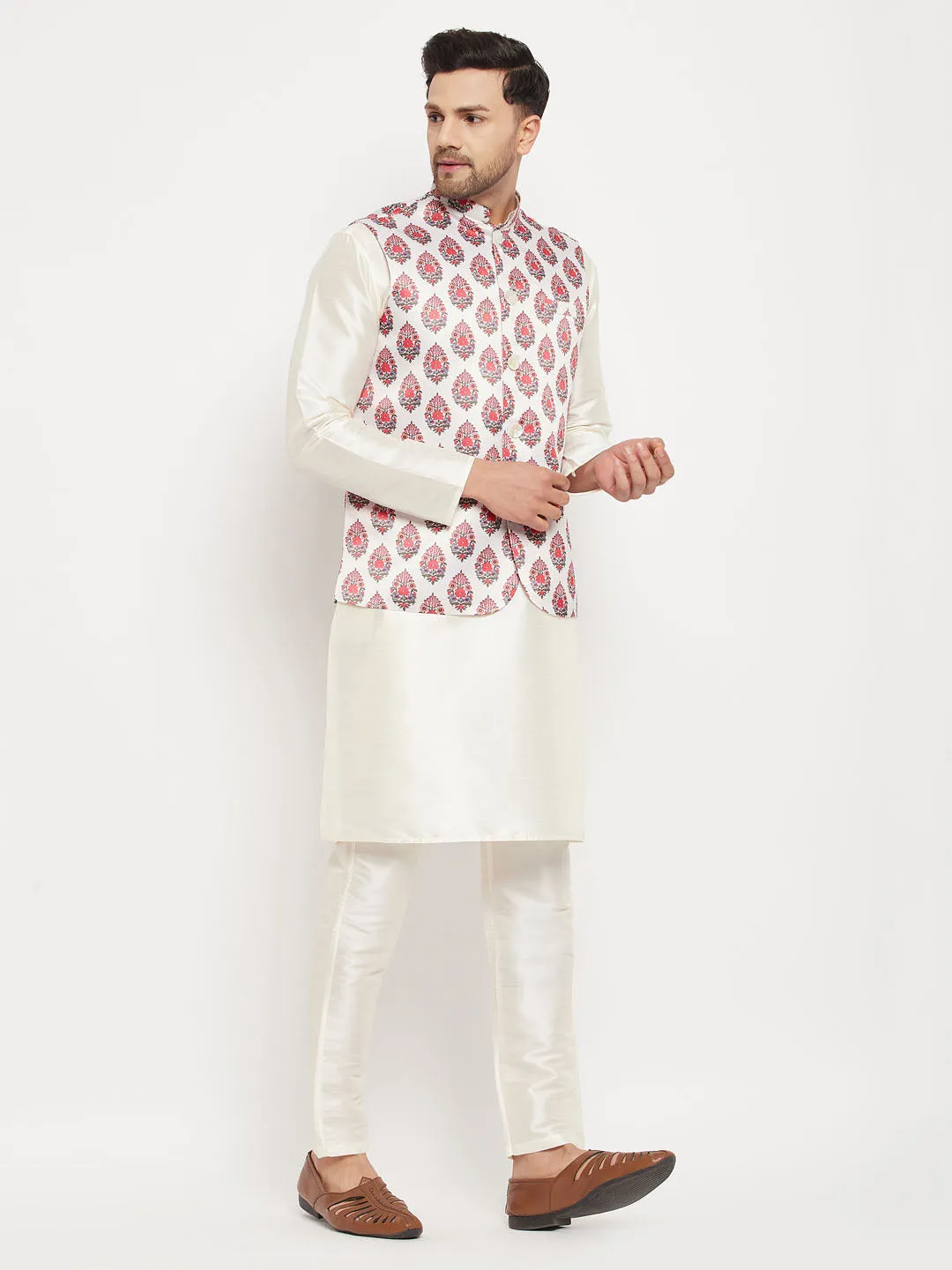 Jashvi Men's White & Red Floral Printed Slim-Fit Satin Nehru Jacket