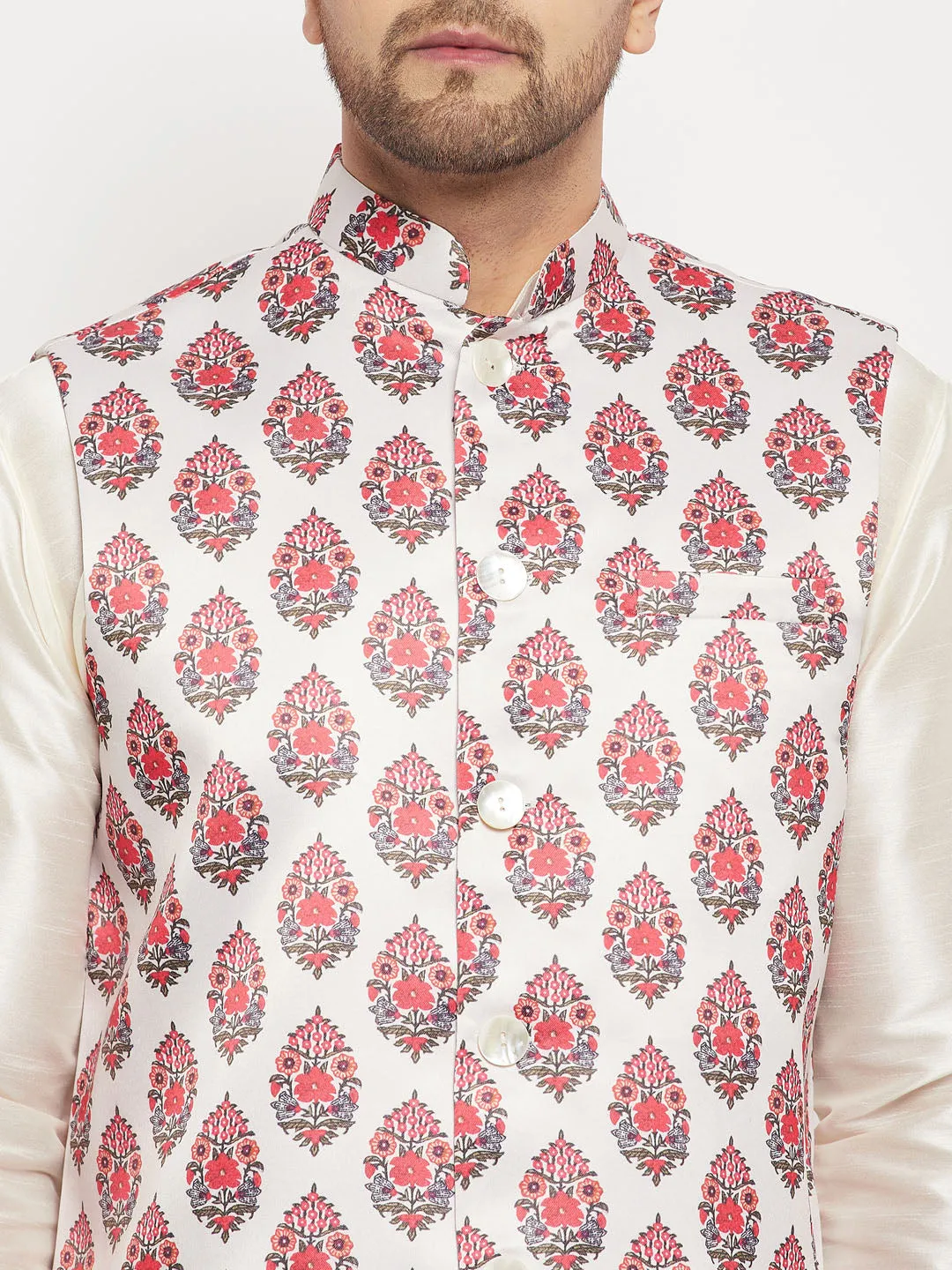 Jashvi Men's White & Red Floral Printed Slim-Fit Satin Nehru Jacket