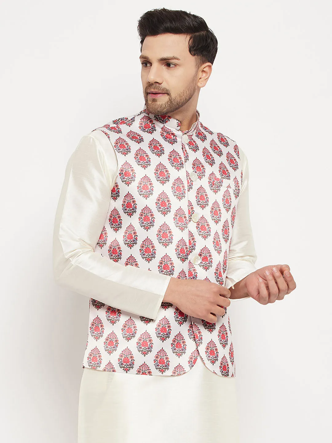 Jashvi Men's White & Red Floral Printed Slim-Fit Satin Nehru Jacket