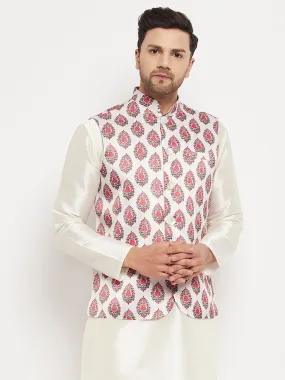 Jashvi Men's White & Red Floral Printed Slim-Fit Satin Nehru Jacket