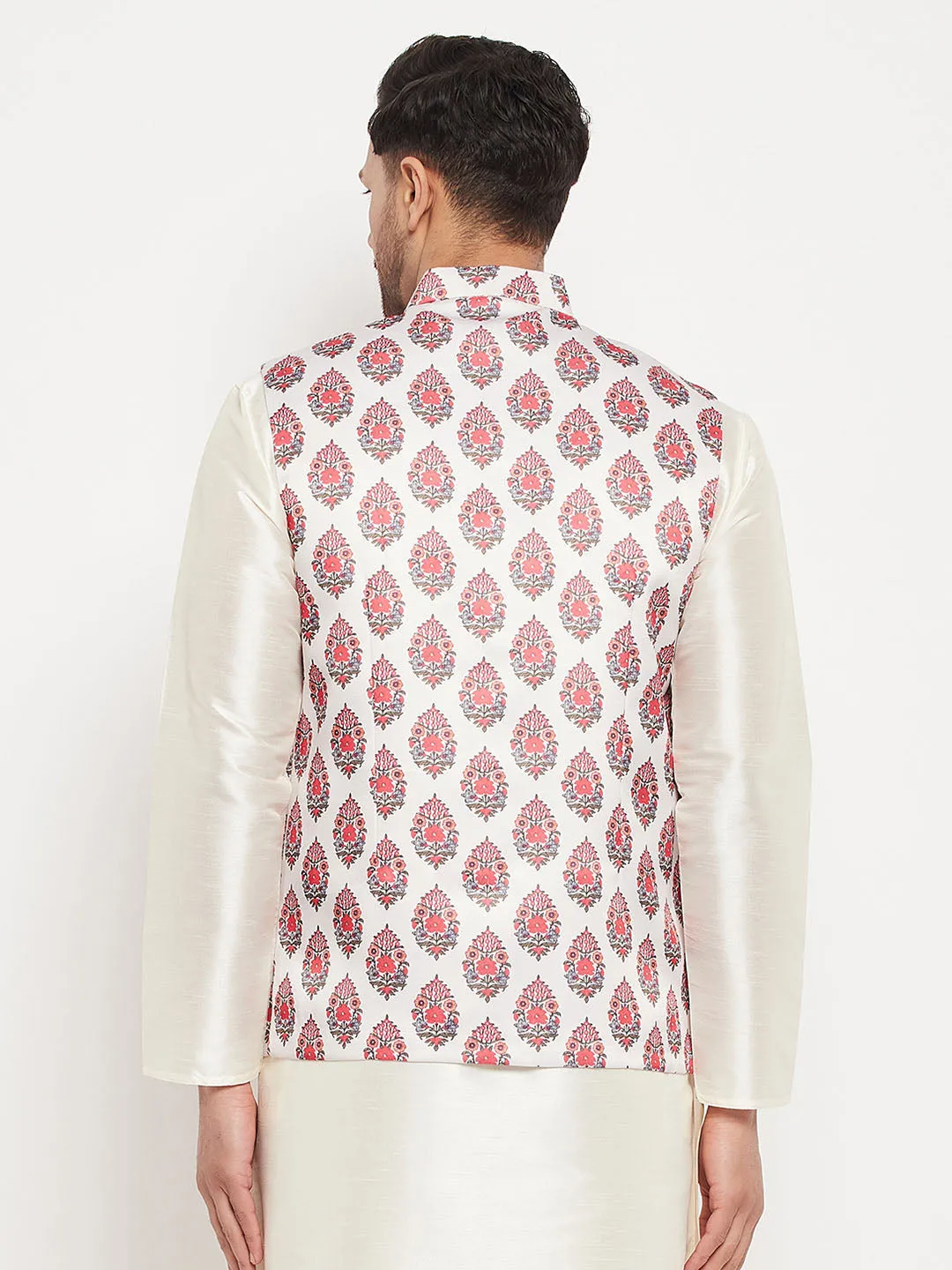 Jashvi Men's White & Red Floral Printed Slim-Fit Satin Nehru Jacket