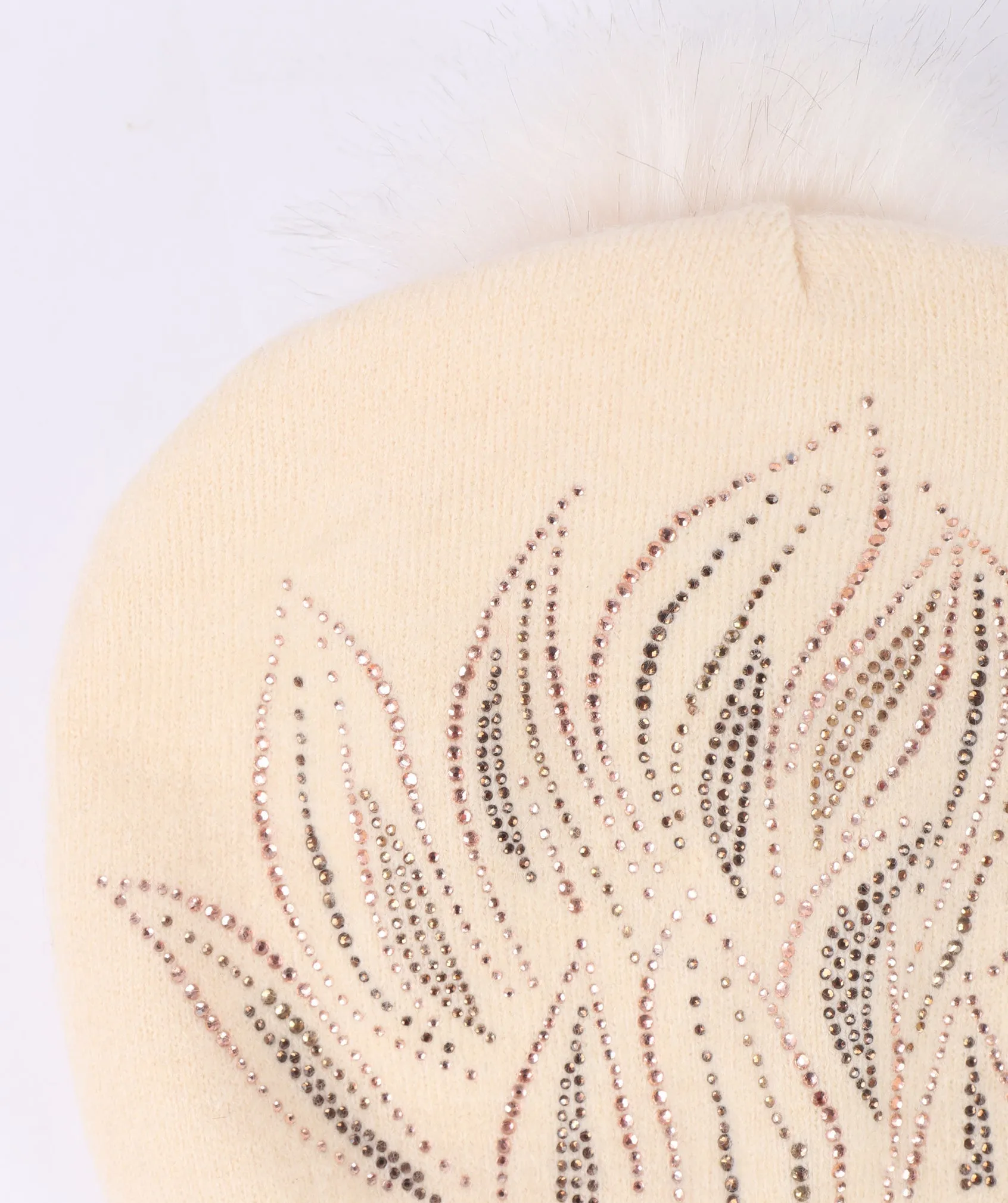 Jewelled Pom Pom Beanie - Cream