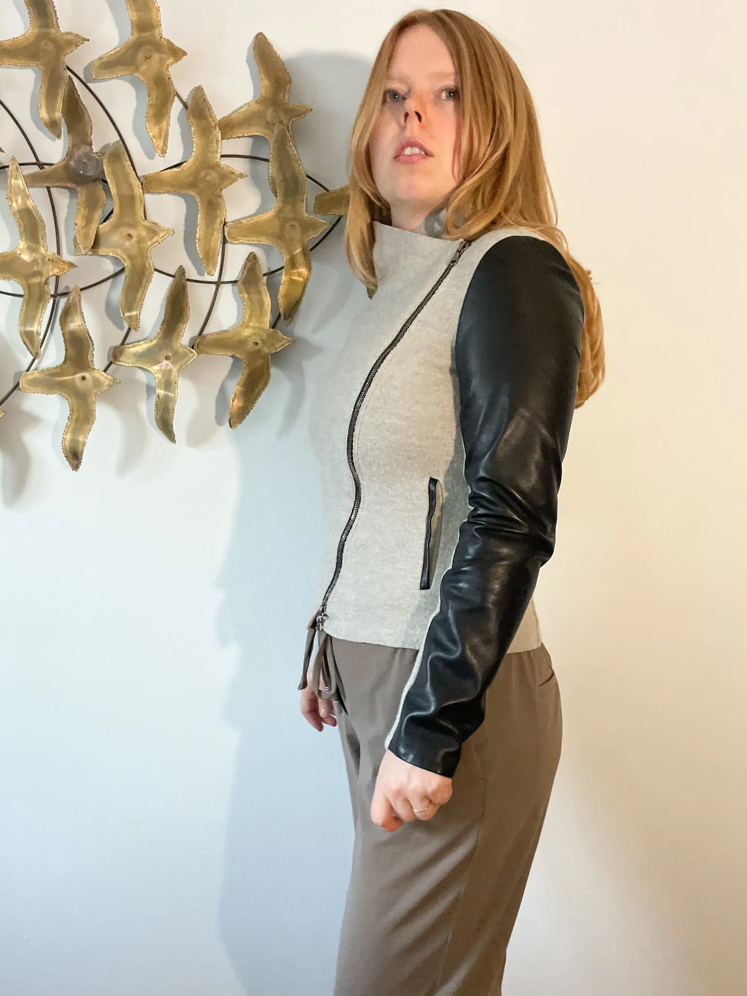 Judith & Charles Grey Wool Black Leather Full Zip Collar Jacket - XS/S