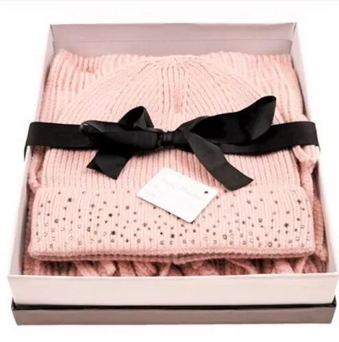 K.I.T Collection Women's Blush Crystal Stud Fringed Scarf & Hat Set with Gift Box