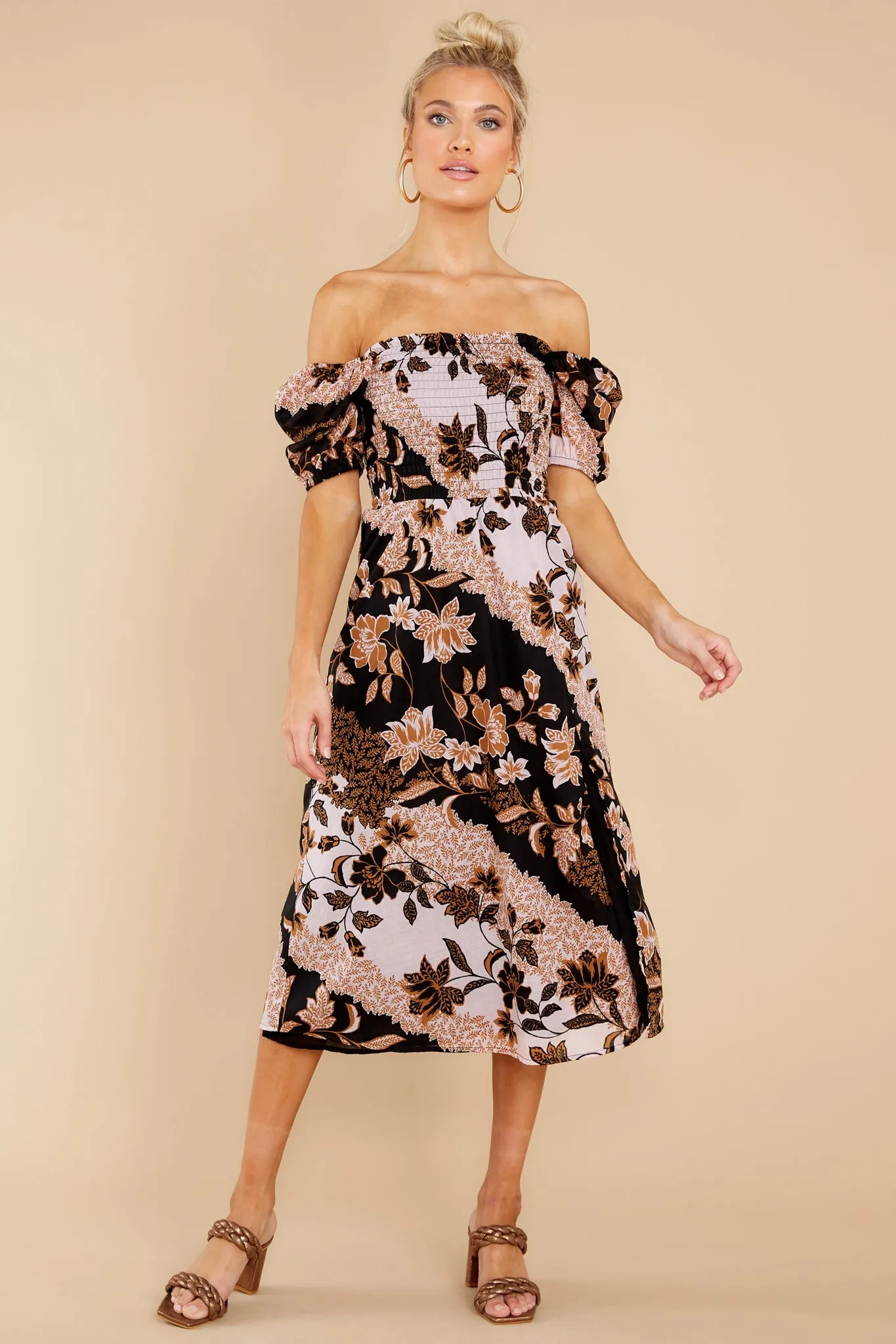 Let Love Go Blush And Black Floral Print Midi Dress