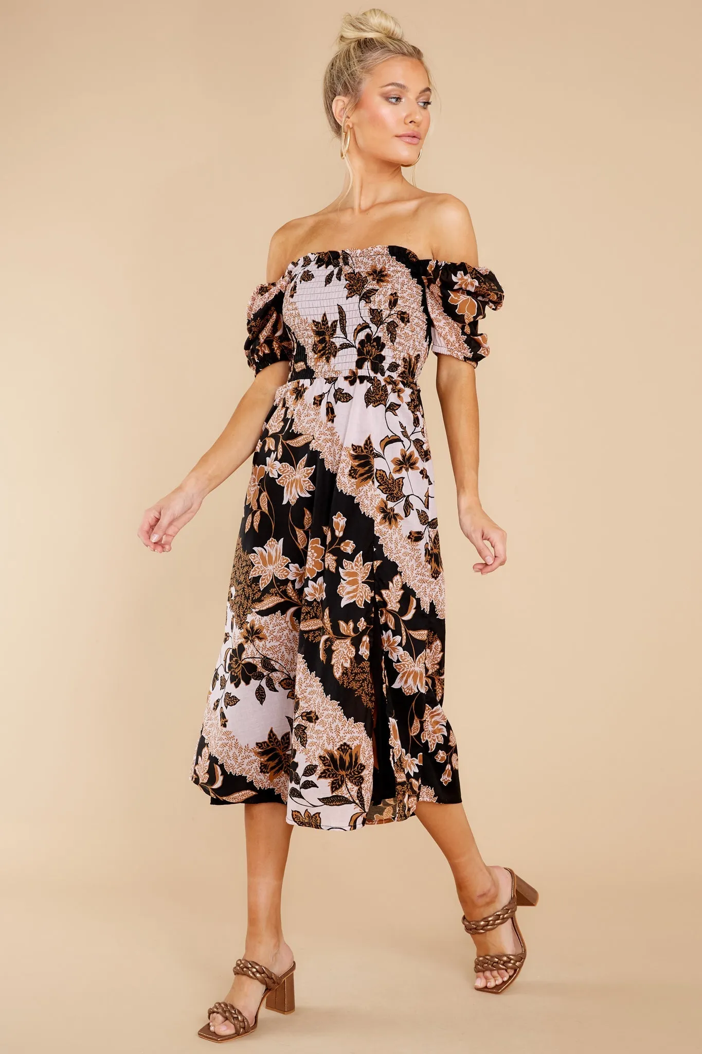 Let Love Go Blush And Black Floral Print Midi Dress