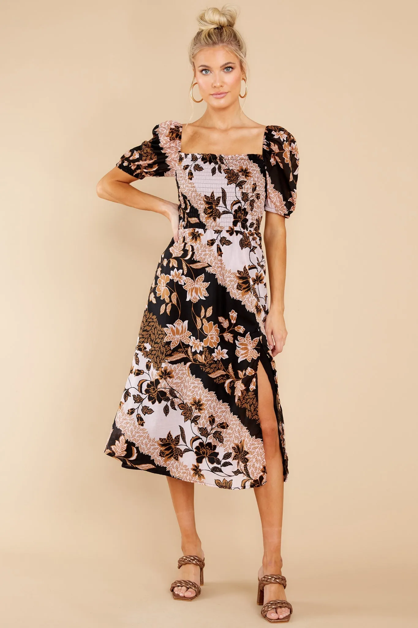 Let Love Go Blush And Black Floral Print Midi Dress