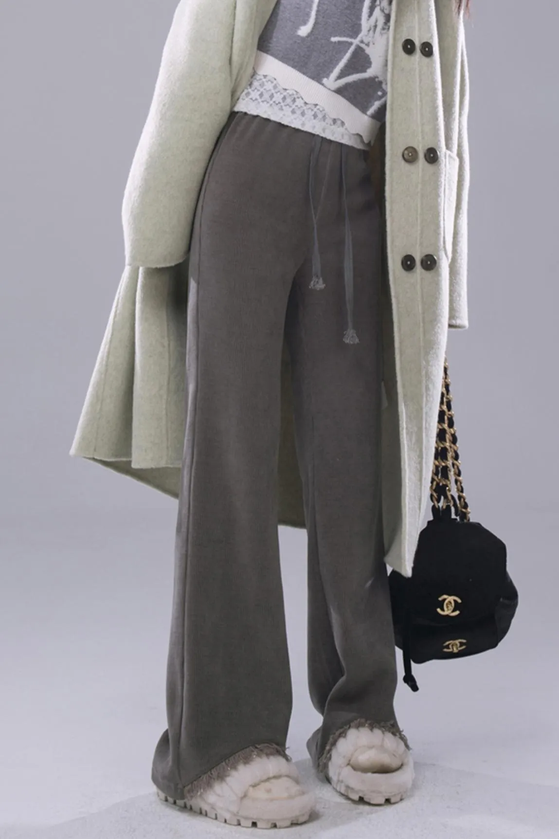 Light Mist Grey Tasseled Flared Trousers