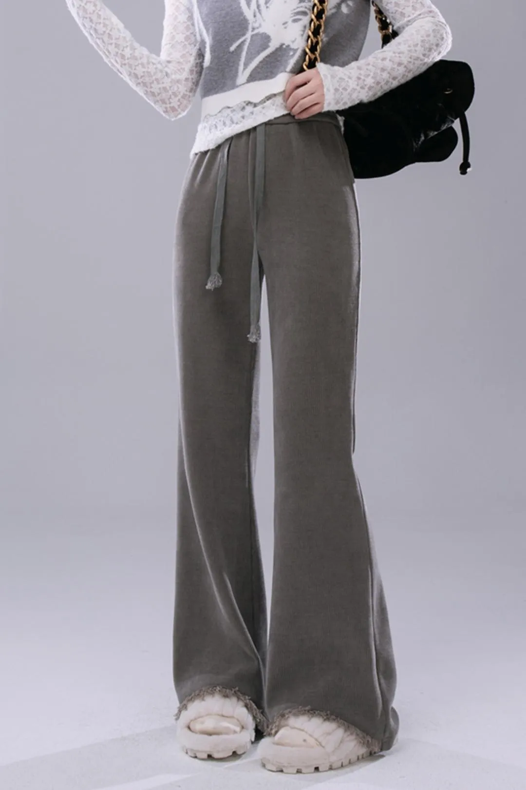 Light Mist Grey Tasseled Flared Trousers