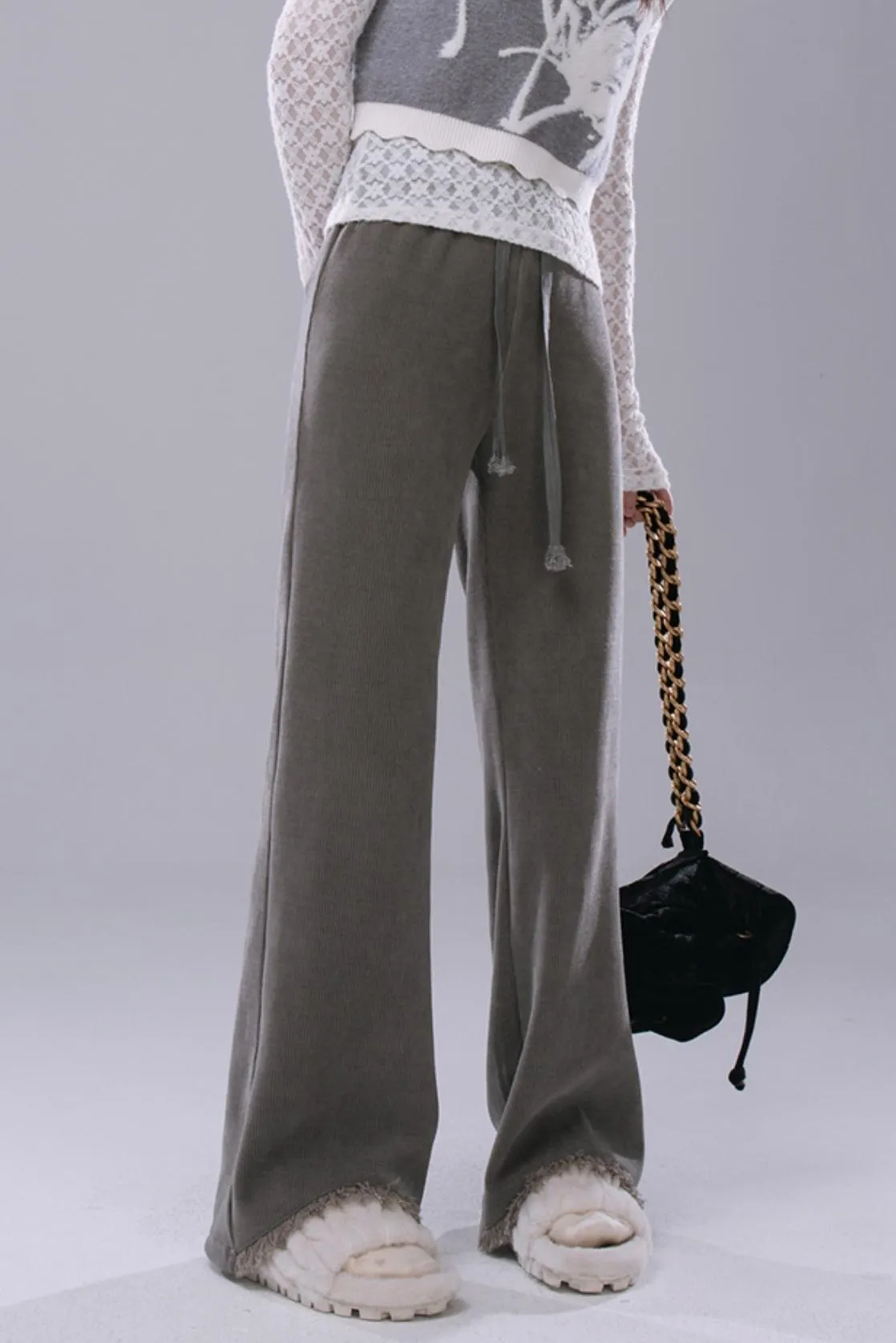 Light Mist Grey Tasseled Flared Trousers