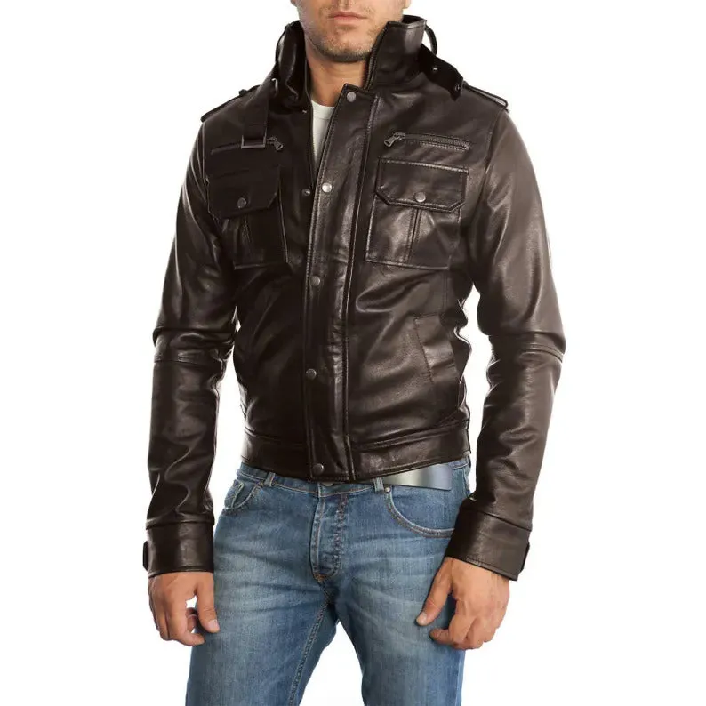 Men's Slim Fit Black & Brown Genuine Leather Biker Jacket with Six Front Pockets