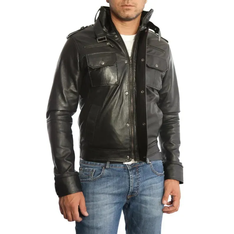 Men's Slim Fit Black & Brown Genuine Leather Biker Jacket with Six Front Pockets