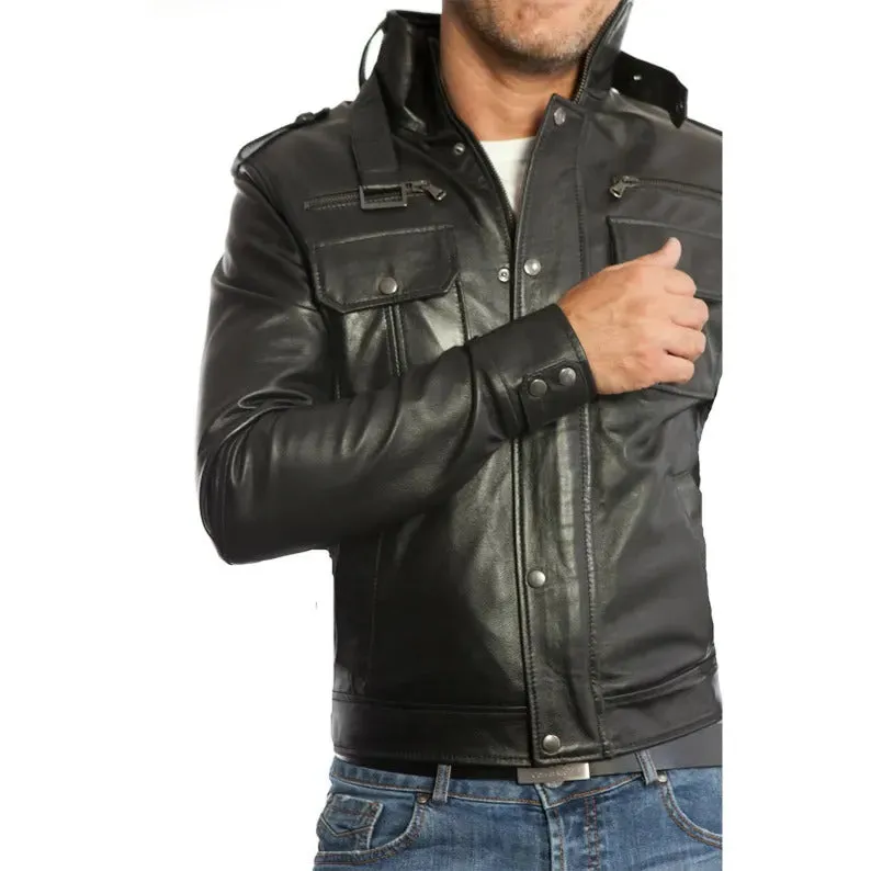 Men's Slim Fit Black & Brown Genuine Leather Biker Jacket with Six Front Pockets