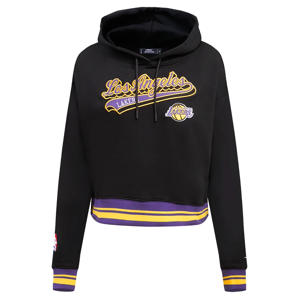 NBA LOS ANGELES LAKERS SCRIPT TAIL WOMEN'S RIB FLC CROPPED PO HOODIE (BLACK/PURPLE)