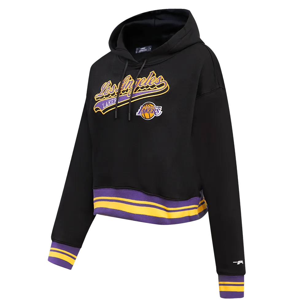 NBA LOS ANGELES LAKERS SCRIPT TAIL WOMEN'S RIB FLC CROPPED PO HOODIE (BLACK/PURPLE)