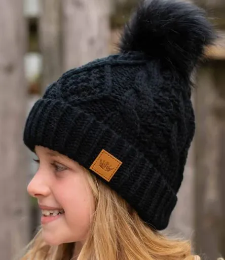 Panache-kids black cable knit pom hat