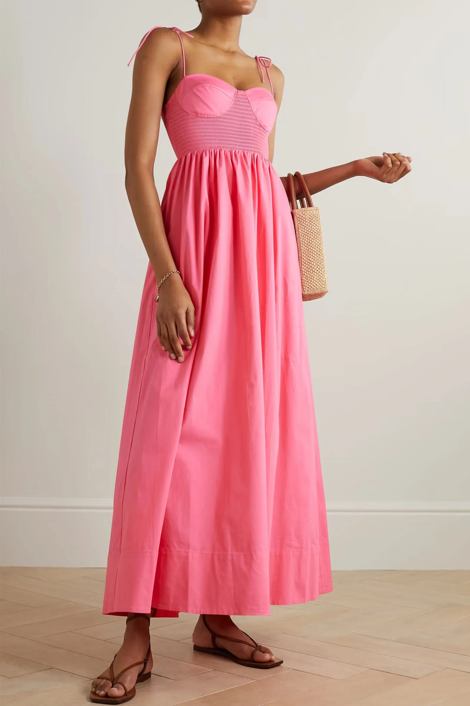 Pink Landry Shirred Cotton-Blend Poplin Maxi Dress