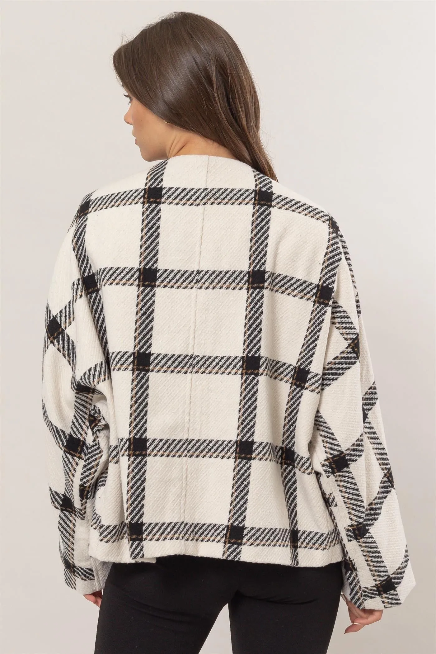 Plaid Long Sleeve Jacket with Side Slit Pockets