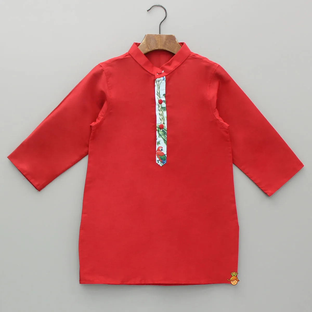 Pre Order: Red Kurta With Jungle Theme Printed Jacket And Pyjama