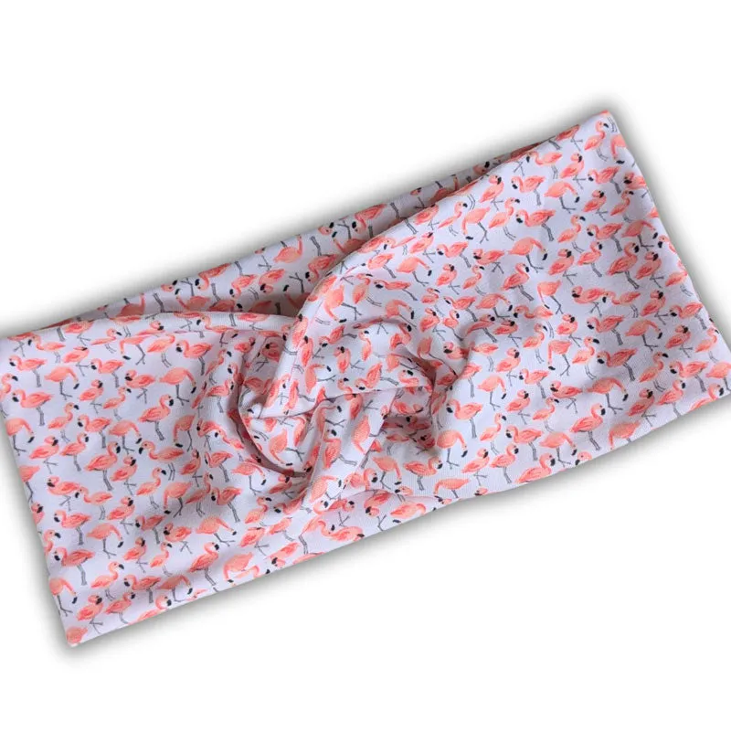 Premium, wide turban style comfy wide jersey knit headband, small flamingos on white